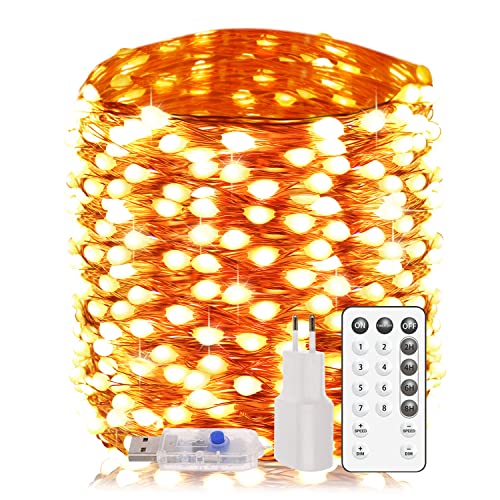 LED Lichterkette Innen - 20M 200LEDs Lichterkette Kupferdraht mit Fernbedienu 8 Modi und Timer Wasserdicht USB Aufladbare Lichterkette Außen für Weihnacht Hochzeit Garten Deko Warmweiß von AxiwoIntl