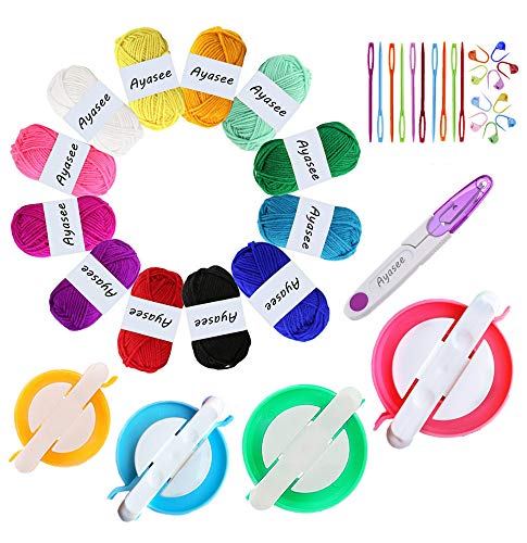 Pompom Maker Kit, Strickmaschine Fluff Ball Weaver Needle Craft DIY Strickhäkelwerkzeug Kit, 4PS Pompom Maker + 10PS Strickstichmarkierungen + 10PS Plastiknadeln + 12PS Acrylgarn + 1PS Schere (37b) von Ayasee