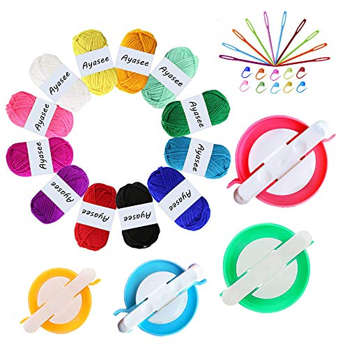 Ayasee Pompom Maker Kits, Strickwebstuhl Kit Fluff Ball Weaver Needle Craft DIY Strickhäkelwerkzeug Kit, 4PS Pompom Maker + 10PS Strickstichmarker + 10PS Plastiknadeln + 12PS Acrylgarn (36) von Ayasee