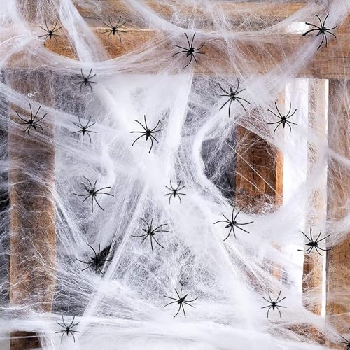 Ayizhiniu Halloween Spinnennetz Deko, Weiß Outdoor Spinnweben Dekoration, 200 Spinnweben mit 40 Schwarzen Kleinen Spinne, Anwendbar Spukhaus Horror Deko Halloween Party Zubehör von Ayizhiniu