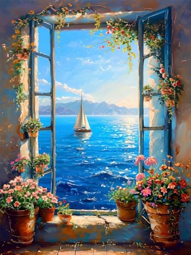 5D Diamond Painting Fenster für Erwachsene groß, Diamant Painting Bilder Ozean, Vollbohrer Diamant Malerei DIY Strass Stickerei Kreuzstich Diamond Art Bastelset, Deko Wohnzimmer Wanddeko 40x85cm I-7 von Aynaeinn