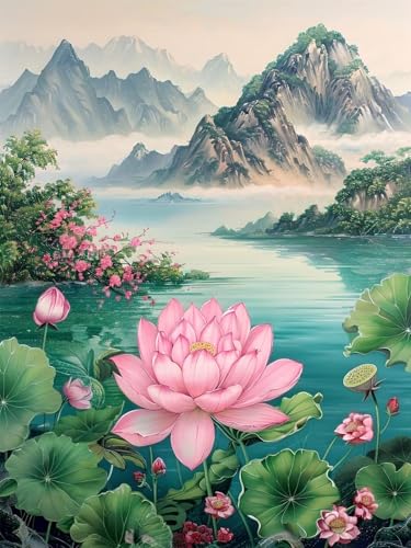 5D Diamond Painting Landschaft für Erwachsene groß, Diamant Painting Bilder Lotus, Vollbohrer Diamant Malerei DIY Strass Stickerei Kreuzstich Diamond Art Bastelset, Deko Wohnzimmer 30x62cm Q-6 von Aynaeinn