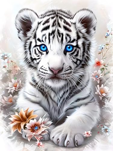 DIY Diamant Painting Bilder Niedlich 40x50cm, Diamond Painting Set Weißer Tiger Für Kinder, Daiments Painting Erwachsene, Diamond Stickerei Kreuzstich Malerei Kits für Zimmer Deko Schlafzimmer Y-6 von Aynaeinn