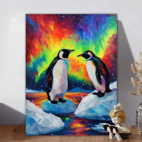 Malen Nach Zahlen Erwachsene, Malen Nach Zahlen Kits Aurora, DIY Malen-Nach-Zahlen Pinguin Leinwand Bastelset für Kinder Anfänger Mit Pinseln für Home Wall Decor, Geschenke für Frauen 60x80cm Y-0 von Aynaeinn