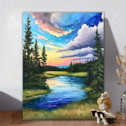 Malen Nach Zahlen Erwachsene, Malen Nach Zahlen Kits Baum, DIY Malen-Nach-Zahlen Wolke Leinwand Bastelset für Kinder Mit Pinseln und Acrylfarben für Home Wall Decor, Geschenke für Frauen 60x80cm Q-6 von Aynaeinn