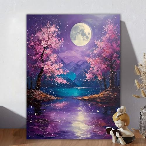 Malen Nach Zahlen Erwachsene, Malen Nach Zahlen Kits Mond, DIY Malen-Nach-Zahlen Baum Leinwand Bastelset für Kinder Mit Pinseln und Acrylfarben für Home Wall Decor, Geschenke für Frauen 50x60cm Q-9 von Aynaeinn