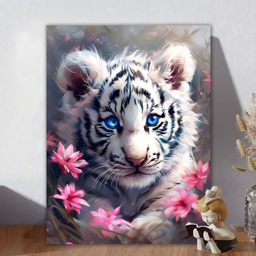 Malen Nach Zahlen Erwachsene, Malen Nach Zahlen Kits Tiger, DIY Malen-Nach-Zahlen Niedlich Leinwand Bastelset für Kinder Anfänger Mit Pinseln für Home Wall Decor, Geschenke für Frauen 40x50cm H-6 von Aynaeinn