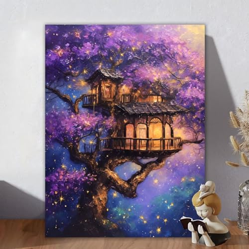 Malen Nach Zahlen Erwachsene Baum, Malen Nach Zahlen Kinder, DIY Kreativ Set für Frauen mit 3-Pinseln und Acrylfarbe Kit, Paint by Numbers Haus für Aesthetic Room Decor, Ohne Rahmen 20x30cm V-8 von Aynaeinn