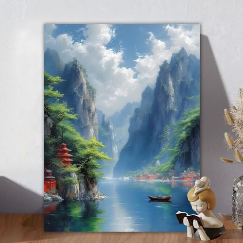 Malen Nach Zahlen Erwachsene Berg, Malen Nach Zahlen Kinder, DIY Kreativ Set für Frauen mit 3-Pinseln und Acrylfarbe Kit, Paint by Numbers Landschaft für Aesthetic Room Decor, Ohne Rahmen 50x60cm L-2 von Aynaeinn