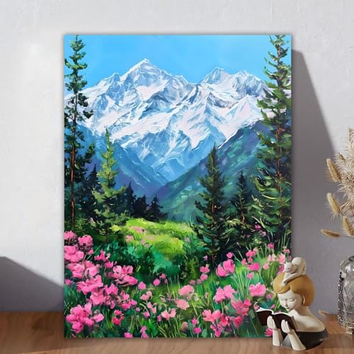 Malen Nach Zahlen Erwachsene Berg, Malen Nach Zahlen Kinder, DIY Kreativ Set für Frauen mit 3-Pinseln und Acrylfarbe Kit, Paint by Numbers Landschaft für Aesthetic Room Decor, Ohne Rahmen 50x60cm Q-2 von Aynaeinn