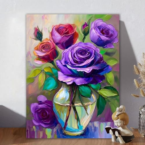 Malen Nach Zahlen Erwachsene Blume, Malen Nach Zahlen Kinder, DIY Kreativ Set für Frauen mit 3-Pinseln und Acrylfarbe Kit, Paint by Numbers Rose für Aesthetic Room Decor, Ohne Rahmen 60x80cm M-4 von Aynaeinn