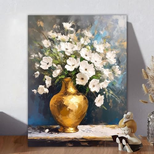 Malen Nach Zahlen Erwachsene Blume, Malen Nach Zahlen Kinder, DIY Kreativ Set für Frauen mit 3-Pinseln und Acrylfarbe Kit, Paint by Numbers Vase für Aesthetic Room Decor, Ohne Rahmen 40x50cm F-4 von Aynaeinn