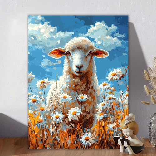 Malen Nach Zahlen Erwachsene Gänseblümchen, Malen Nach Zahlen Kinder, DIY Kreativ Set für Frauen mit 3-Pinseln Acrylfarbe Kit, Paint by Numbers Schaf für Aesthetic Room Decor, Ohne Rahmen 30x40cm V-4 von Aynaeinn