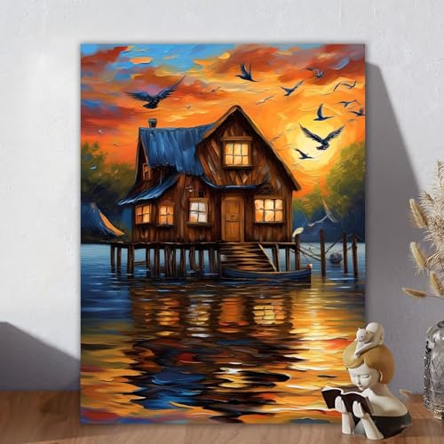 Malen Nach Zahlen Erwachsene Haus, Malen Nach Zahlen Kinder, DIY Kreativ Set für Frauen mit 3-Pinseln und Acrylfarbe Kit, Paint by Numbers Landschaft für Aesthetic Room Decor, Ohne Rahmen 60x80cm H-7 von Aynaeinn