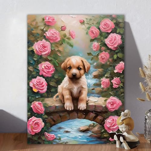 Malen Nach Zahlen Erwachsene Hund, Malen Nach Zahlen Kinder, DIY Kreativ Set für Frauen mit 3-Pinseln und Acrylfarbe Kit, Paint by Numbers Rose für Aesthetic Room Decor, Ohne Rahmen 50x60cm Y-3 von Aynaeinn