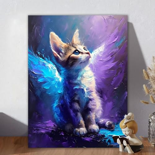 Malen Nach Zahlen Erwachsene Katze, Malen Nach Zahlen Kinder, DIY Kreativ Set für Frauen mit 3-Pinseln und Acrylfarbe Kit, Paint by Numbers Engel für Aesthetic Room Decor, Ohne Rahmen 60x80cm L-1 von Aynaeinn