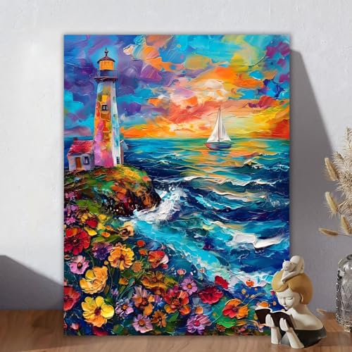 Malen Nach Zahlen Erwachsene Leuchtturm, Malen Nach Zahlen Kinder, DIY Kreativ Set für Frauen mit 3-Pinseln Acrylfarbe Leinwand Kit, Paint by Numbers Landschaft für Room Decor, Ohne Rahmen 60x80cm Z-7 von Aynaeinn