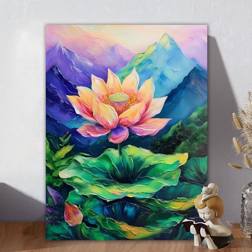 Malen Nach Zahlen Erwachsene Lotus, Malen Nach Zahlen Kinder, DIY Kreativ Set für Frauen mit 3-Pinseln und Acrylfarbe Kit, Paint by Numbers Berg für Aesthetic Room Decor, Ohne Rahmen 60x80cm D-0 von Aynaeinn