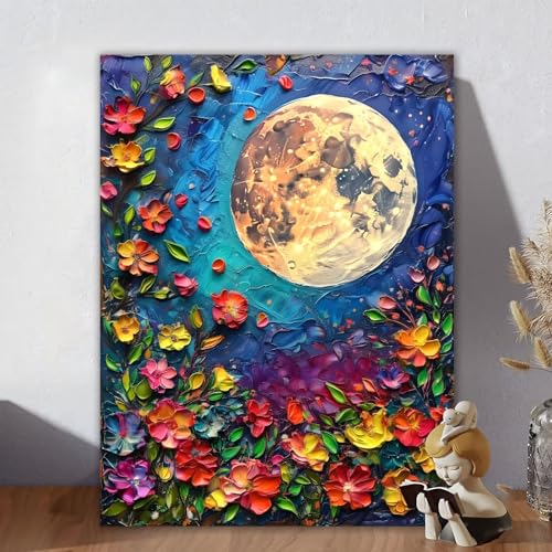 Malen Nach Zahlen Erwachsene Mond, Malen Nach Zahlen Kinder, DIY Kreativ Set für Frauen mit 3-Pinseln und Acrylfarbe Kit, Paint by Numbers Blume für Aesthetic Room Decor, Ohne Rahmen 50x60cm E-3 von Aynaeinn