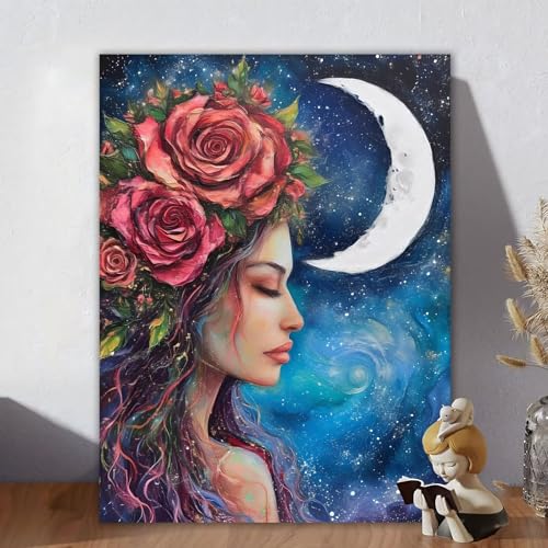 Malen Nach Zahlen Erwachsene Mond, Malen Nach Zahlen Kinder, DIY Kreativ Set für Frauen mit 3-Pinseln und Acrylfarbe Kit, Paint by Numbers Frau für Aesthetic Room Decor, Ohne Rahmen 70x90cm N-4 von Aynaeinn