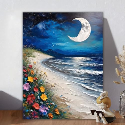 Malen Nach Zahlen Erwachsene Mond, Malen Nach Zahlen Kinder, DIY Kreativ Set für Frauen mit 3-Pinseln und Acrylfarbe Kit, Paint by Numbers Ozean für Aesthetic Room Decor, Ohne Rahmen 70x90cm O-7 von Aynaeinn