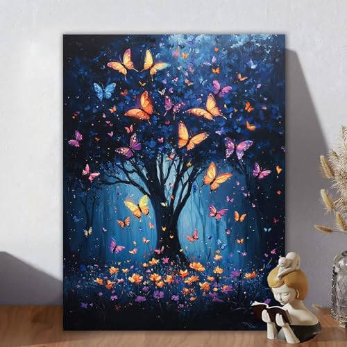 Malen Nach Zahlen Erwachsene Schmetterling, Malen Nach Zahlen Kinder, DIY Kreativ Set für Frauen mit 3-Pinseln Acrylfarbe Kit, Paint by Numbers Baum für Aesthetic Room Decor, Ohne Rahmen 50x60cm X-1 von Aynaeinn