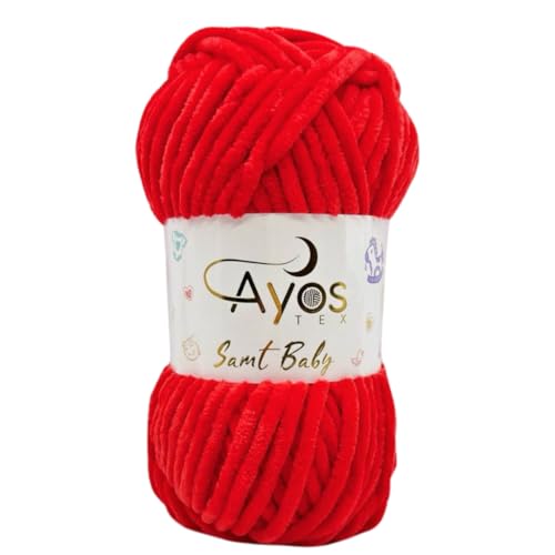 Ayos Samt Baby 120m, 100g I 100% Polyester I kuschelweiche Baby Wolle I Flauschwolle I Chenillewolle I zum Häkeln und Stricken (199-08 Knalliges Rot) von AyosTex