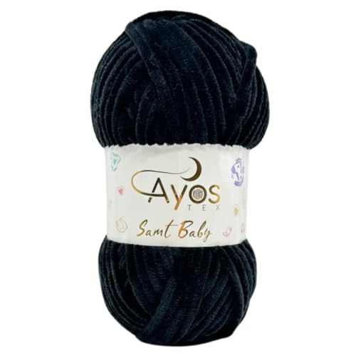 Ayos Samt Baby 120m, 100g I 100% Polyester I kuschelweiche Baby Wolle I Flauschwolle I Chenillewolle I zum Häkeln und Stricken (199-10 Schwarz) von AyosTex