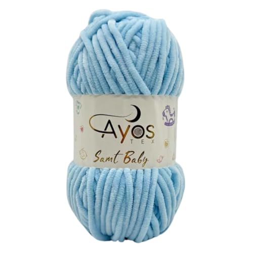 Ayos Samt Baby 120m, 100g I 100% Polyester I kuschelweiche Baby Wolle I Flauschwolle I Chenillewolle I zum Häkeln und Stricken (199-11 Baby Blau) von AyosTex