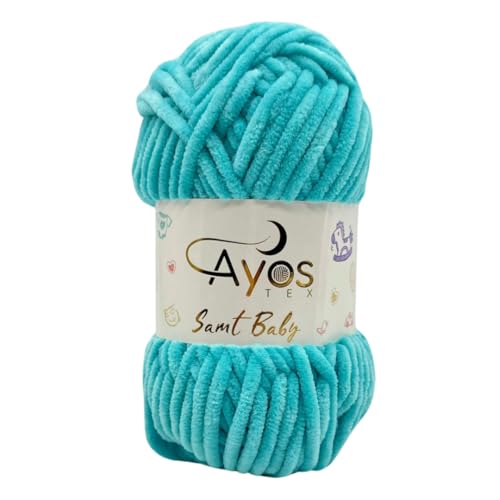 Ayos Samt Baby 120m, 100g I 100% Polyester I kuschelweiche Baby Wolle I Flauschwolle I Chenillewolle I zum Häkeln und Stricken (199-13 Türkis) von AyosTex