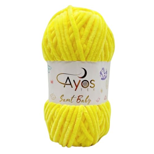 Ayos Samt Baby 120m, 100g I 100% Polyester I kuschelweiche Baby Wolle I Flauschwolle I Chenillewolle I zum Häkeln und Stricken (199-14 Gelb) von AyosTex