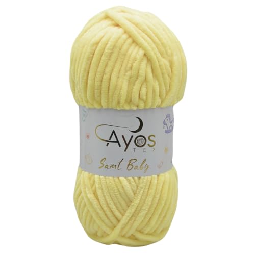 Ayos Samt Baby 120m, 100g I 100% Polyester I kuschelweiche Baby Wolle I Flauschwolle I Chenillewolle I zum Häkeln und Stricken 44 Helles Gelb von AyosTex