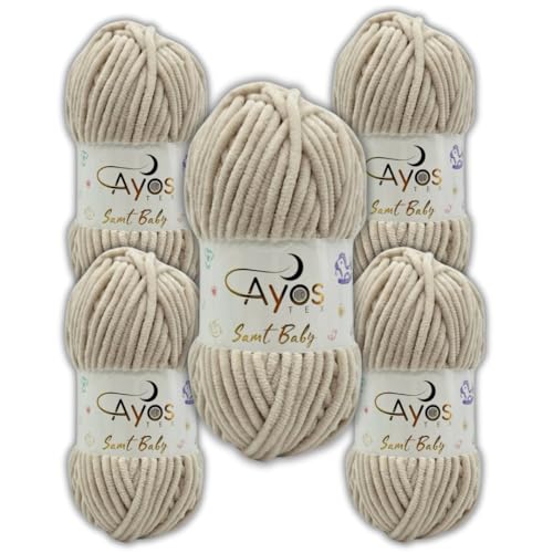 Ayos Samt Baby 120m, 500g (5x100g) I Beige I 100% Polyester I kuschelweiche Baby Wolle I Flauschwolle I Chenillewolle I zum Häkeln und Stricken von AyosTex