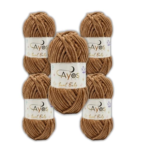 Ayos Samt Baby 120m, 500g (5x100g) I Braun I 100% Polyester I kuschelweiche Baby Wolle I Flauschwolle I Chenillewolle I zum Häkeln und Stricken von AyosTex