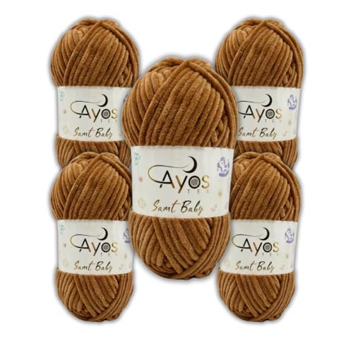 Ayos Samt Baby 120m, 500g (5x100g) I Braun I 100% Polyester I kuschelweiche Baby Wolle I Flauschwolle I Chenillewolle I zum Häkeln und Stricken von AyosTex