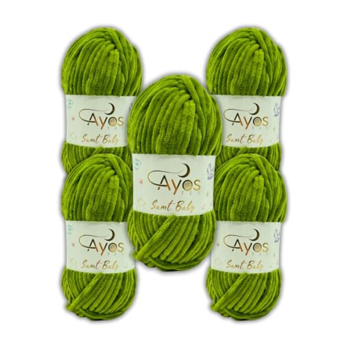 Ayos Samt Baby 120m, 5x100g Chenillewolle I Froschgrün I 100% Polyester I kuschelweiche Baby Wolle I Flauschwolle I Pelüschwolle I zum Häkeln und Stricken 69 Froschgrün von AyosTex