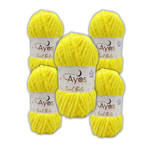 Ayos Samt Baby 120m, 500g (5x100g) I 100% Polyester I kuschelweiche Baby Wolle I Flauschwolle I Chenillewolle I zum Häkeln und Stricken Gelb 14 von AyosTex