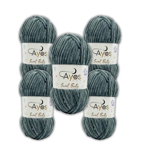 Ayos Samt Baby 120m, 500g (5x100g) I Grau I 100% Polyester I kuschelweiche Baby Wolle I Flauschwolle I Chenillewolle I zum Häkeln und Stricken von AyosTex