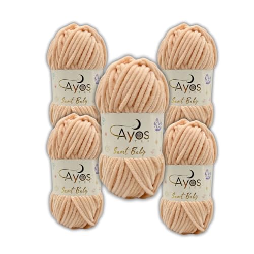 Ayos Samt Baby 120m, 5x100g Chenillewolle I Hautton I 100% Polyester I kuschelweiche Baby Wolle I Flauschwolle I Pelüschwolle I zum Häkeln und Stricken 42 Hautton von AyosTex