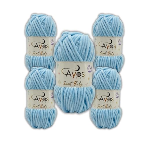 Ayos Samt Baby 120m, 500g (5x100g) I Hellblau I 100% Polyester I kuschelweiche Baby Wolle I Flauschwolle I Chenillewolle I zum Häkeln und Stricken von AyosTex