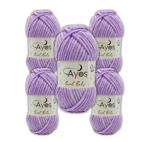 Ayos Samt Baby 120m, 5x100g Chenillewolle I Helles flieder I 100% Polyester I kuschelweiche Baby Wolle I Flauschwolle I Pelüschwolle I zum Häkeln und Stricken 15 Helles flieder von AyosTex