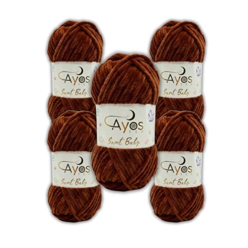 Ayos Samt Baby 120m, 500g (5x100g) I Kastanien I 100% Polyester I kuschelweiche Baby Wolle I Flauschwolle I Chenillewolle I zum Häkeln und Stricken 60 von AyosTex