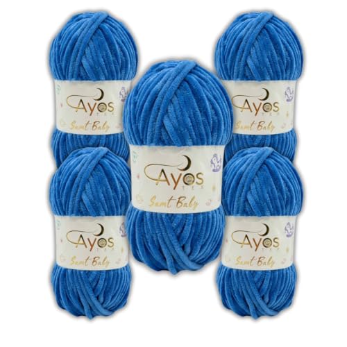 Ayos Samt Baby 120m, 500g (5x100g) I Königsblau I 100% Polyester I kuschelweiche Baby Wolle I Flauschwolle I Chenillewolle I zum Häkeln und Stricken von AyosTex