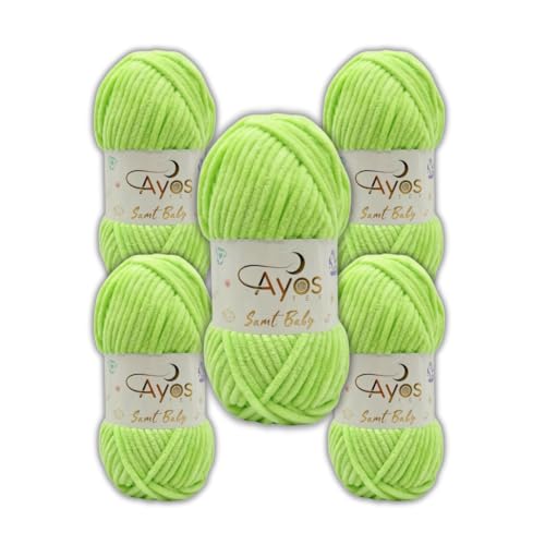 Ayos Samt Baby 120m, 5x100g Chenillewolle I Limette I 100% Polyester I kuschelweiche Baby Wolle I Flauschwolle I Pelüschwolle I zum Häkeln und Stricken 47 Limetten grün von AyosTex