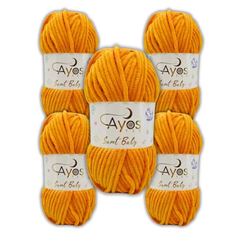 Ayos Samt Baby 120m, 500g (5x100g) I Orange I 100% Polyester I kuschelweiche Baby Wolle I Flauschwolle I Chenillewolle I zum Häkeln und Stricken von AyosTex