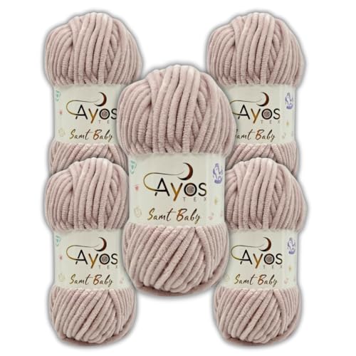 Ayos Samt Baby 120m, 500g (5x100g) I 100% Polyester I kuschelweiche Baby Wolle I Flauschwolle I Chenillewolle I zum Häkeln und Stricken Puder 24 von AyosTex