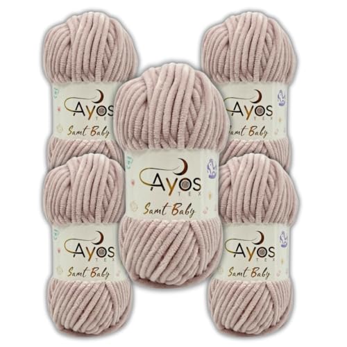 Ayos Samt Baby 120m, 500g (5x100g) I Puder I 100% Polyester I kuschelweiche Baby Wolle I Flauschwolle I Chenillewolle I zum Häkeln und Stricken von AyosTex