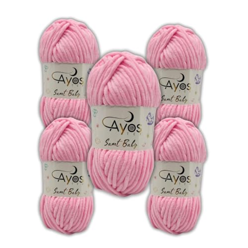 Ayos Samt Baby 120m, 500g (5x100g) I Rosa I 100% Polyester I kuschelweiche Baby Wolle I Flauschwolle I Chenillewolle I zum Häkeln und Stricken von AyosTex