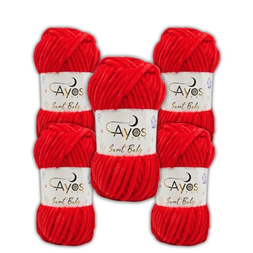 Ayos Samt Baby 120m, 500g (5x100g) I Rot I 100% Polyester I kuschelweiche Baby Wolle I Flauschwolle I Chenillewolle I zum Häkeln und Stricken von AyosTex