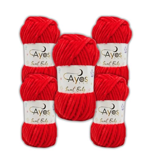 Ayos Samt Baby 120m, 500g (5x100g) I Rot I 100% Polyester I kuschelweiche Baby Wolle I Flauschwolle I Chenillewolle I zum Häkeln und Stricken Knalliges Rot 08 von AyosTex